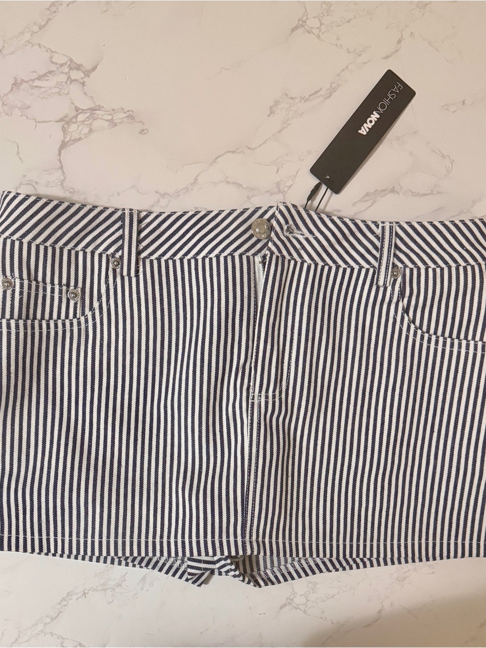 Fashion Nova Navy and White Striped Jean Shorts